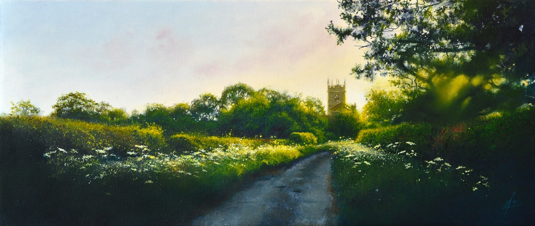 Painting of country land, lined with cow parsley, in dappled sunlight, towards St Mary Magdalenes Church