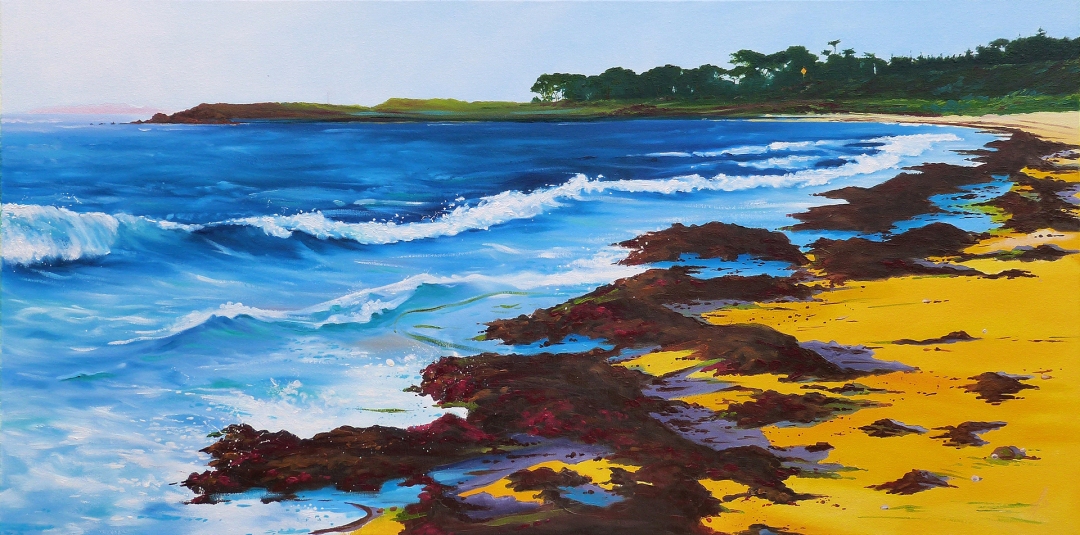 Painting of small waves rolling onto a beach with seaweed on it's tide line