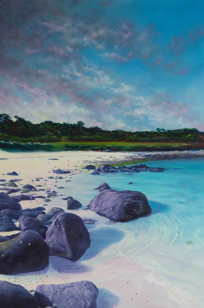Painting of very still seawater and the beach of Gimble Porth in the hours before the tail end of the hurricane hit the Isles of Scilly