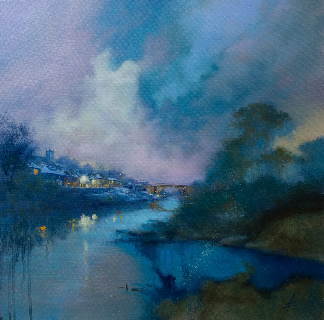 Painting of the Ironbridge Gorge with the Iron Bridge in the distance on a misty winter evening