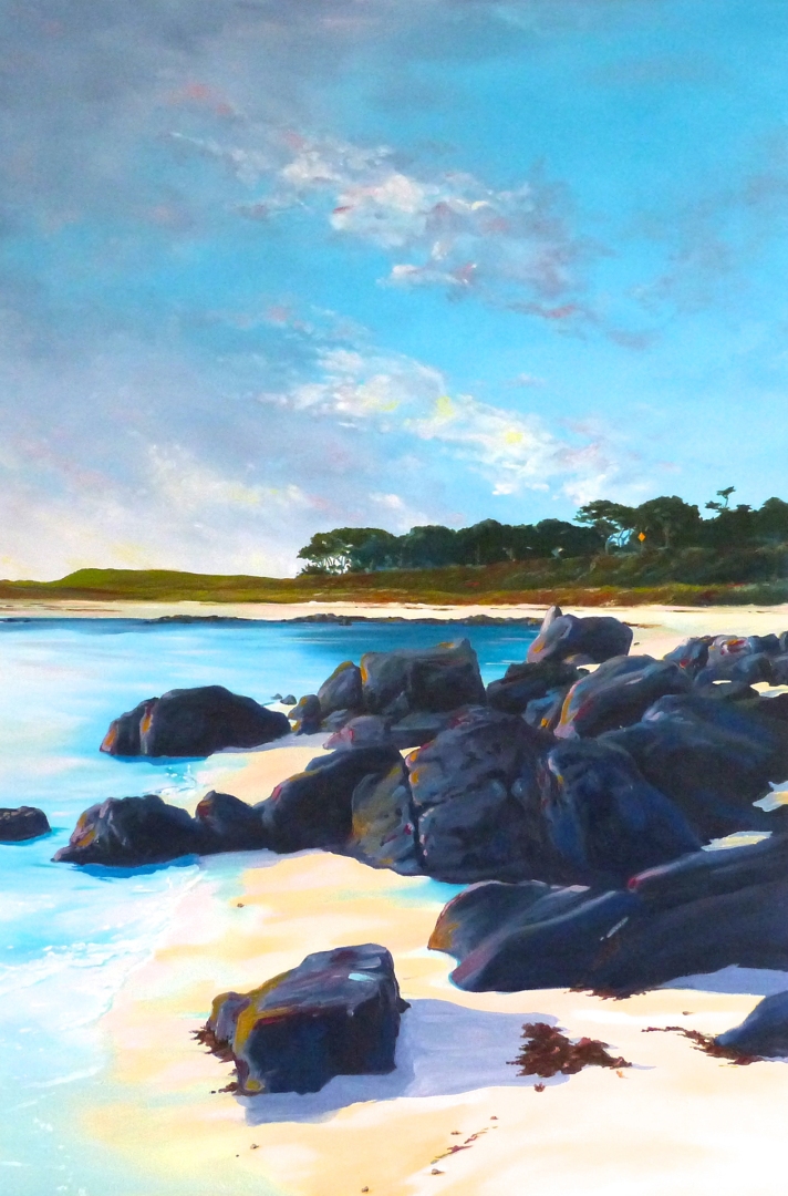 Painting looking over the boulders at Rushy Porth, Tresco, just after dawn