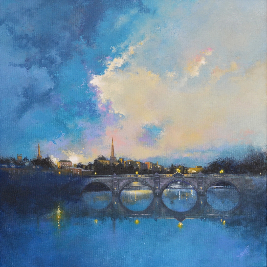 Oil painting of the English Bridge crossing the River Severn in Shrewsbury at dusk by Ja Edwards