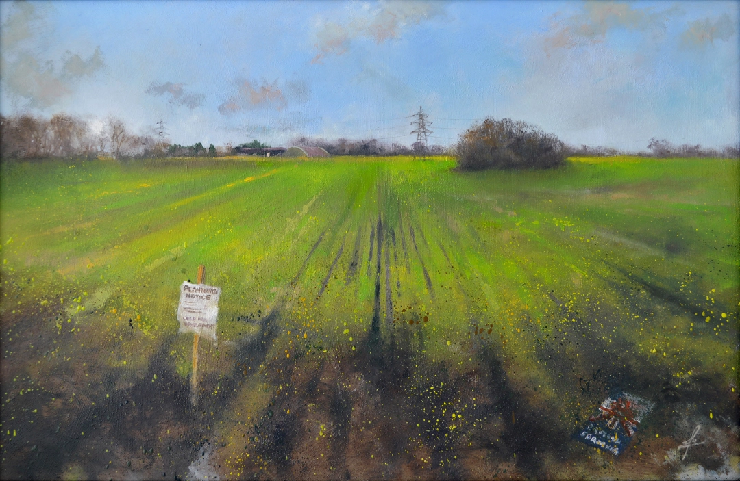 Painting of farming land that has been sold and has a planning notice for development