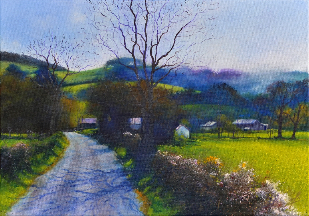 Painting of a country lane with the mist clinging to the hills of Bromlow Callow
