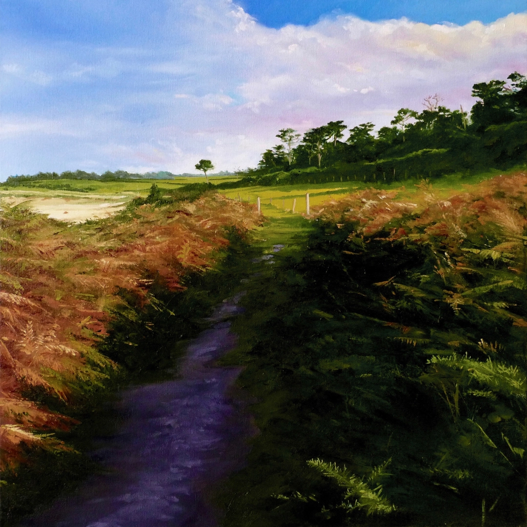 Painting of a narrow track through the gorse and bracken leading to a beach with trees on the horizon