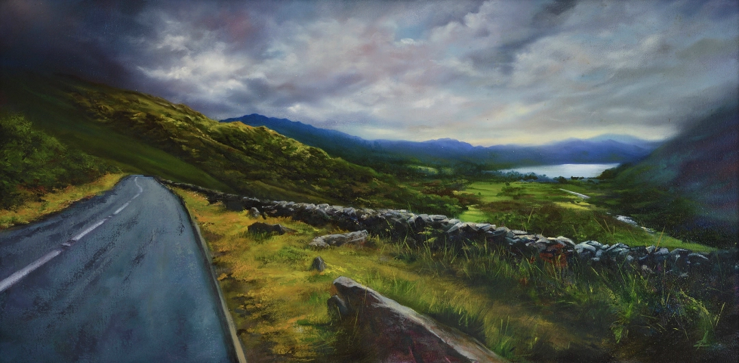 Painting of a wet road in Wales looking towards Snowdonia