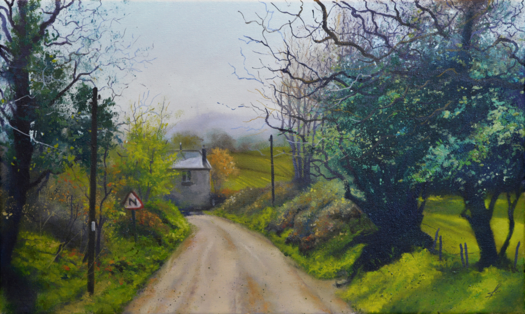 An oil painting by artist Ja Edwards of a Shropshire country land