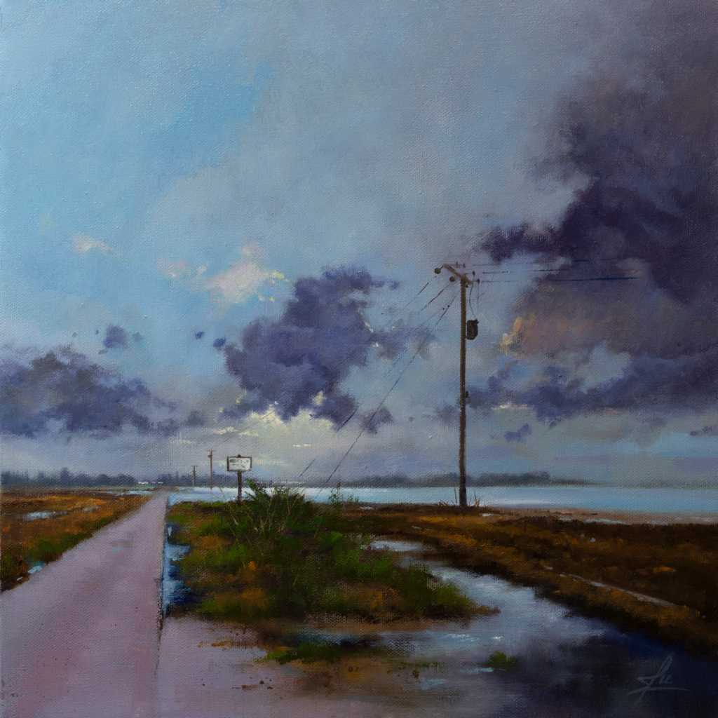 An oil painting by artist Ja Edwards of the Eyton upon the Weald Moors fields flooded