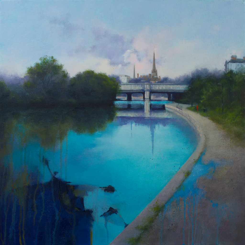 An oil painting by artist Ja Edwards of the towpath alone the River Severn in Shrewsbury