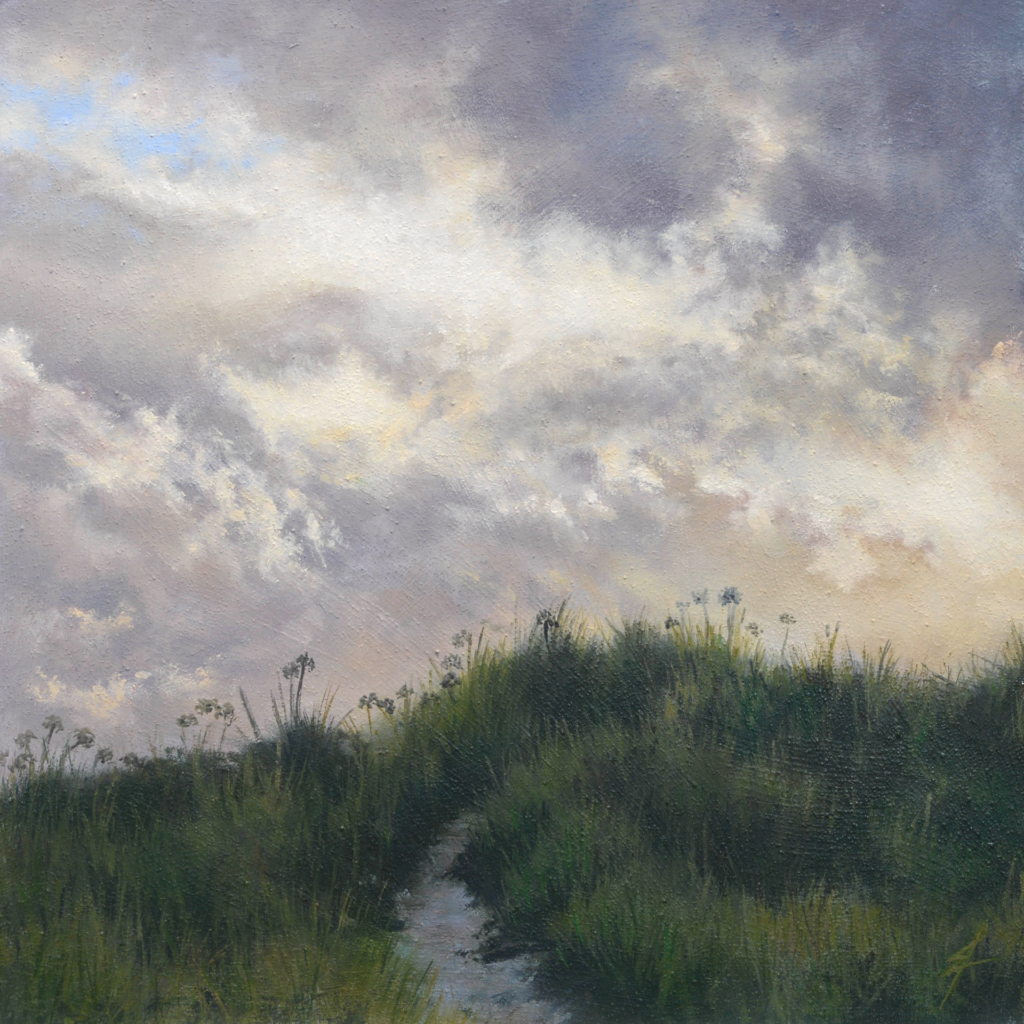 An oil painting by artist Ja Edwards of the dunes at dawn on Tresco