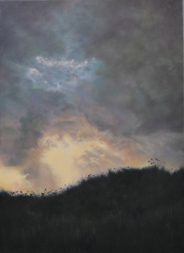 An oil painting by artist Ja Edwards of the dunes silhouetted at dawn on Tresco