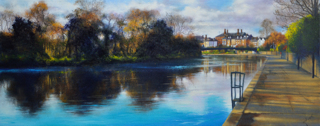 An oil painting by artist Ja Edwards of the towpath along the River Severn in Shrewsbury