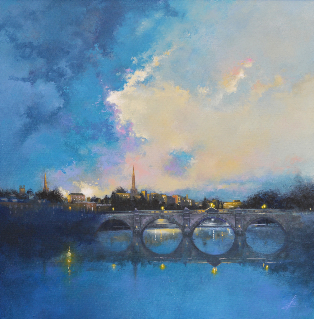 An oil painting by artist Ja Edwards of the English Bridge in Shrewsbury