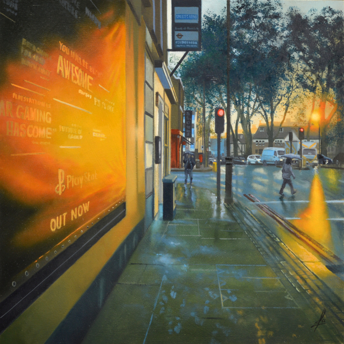 An oil painting by artist Ja Edwards of the setting sun reflexing on a wet road in London