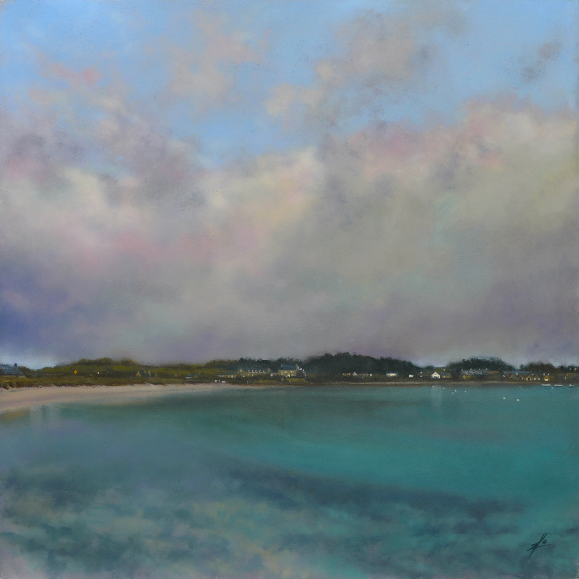 An oil painting by artist Ja Edwards of the New Grimsby bay looking towards the Ruin Café just before dawn