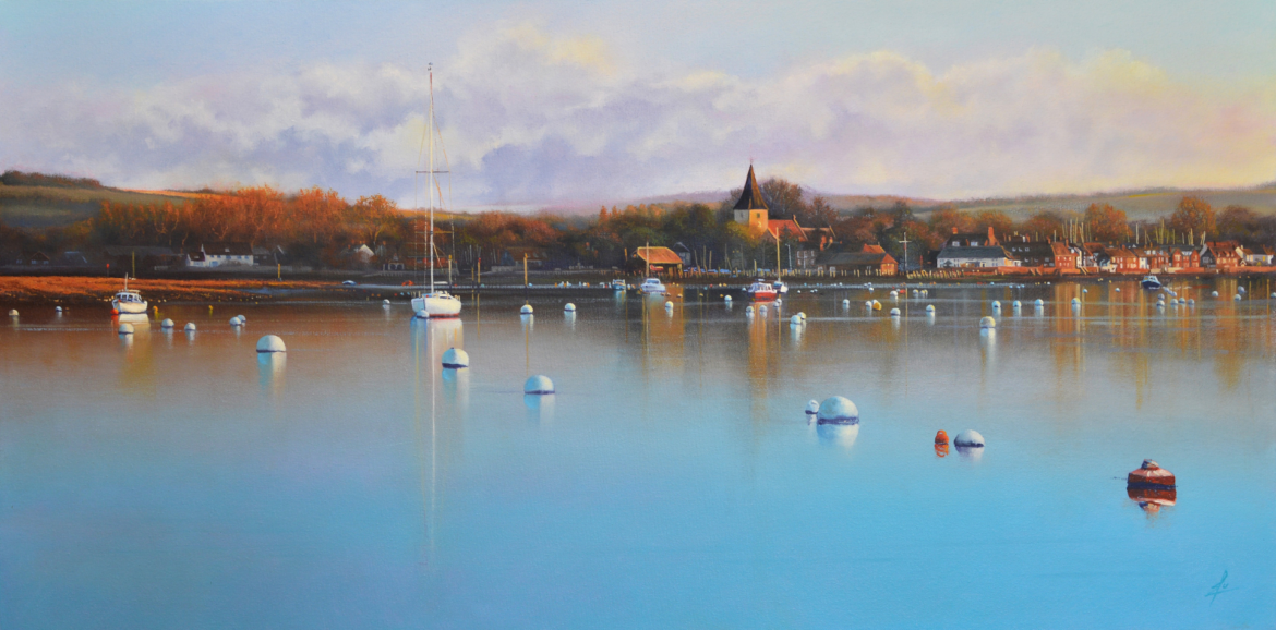 An oil painting by artist Ja Edwards of boats at their moorings at Bosham