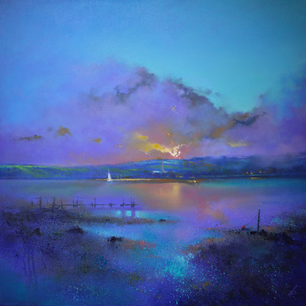 An oil painting by artist Ja Edwards of dawn breaking over Chichester harbour