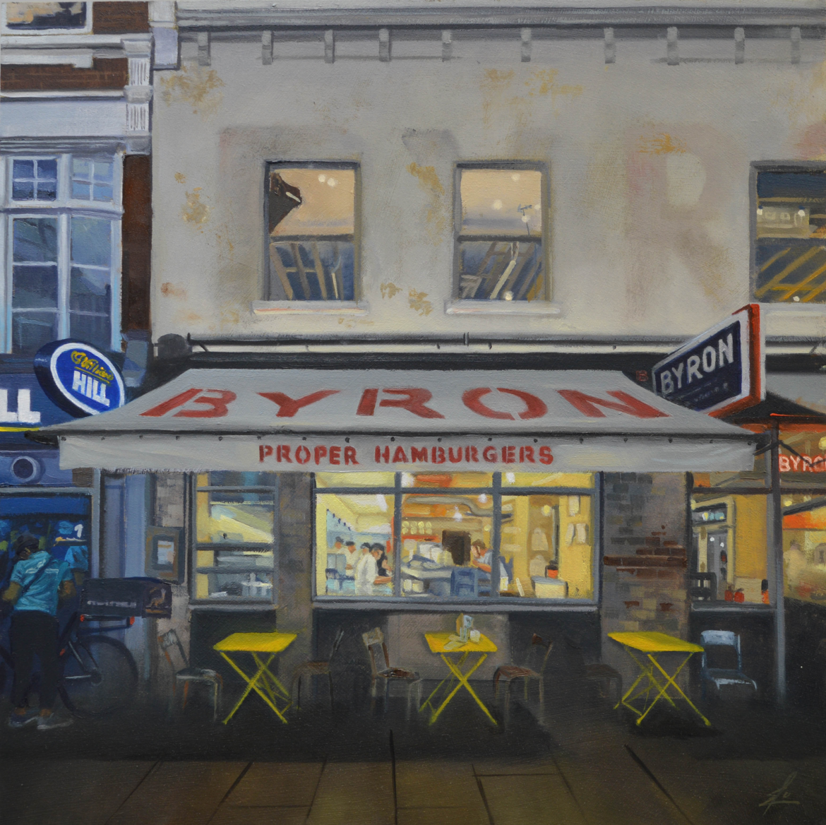 An oil painting by artist Ja Edwards of Bryron's 'proper hamburgers' restaurant