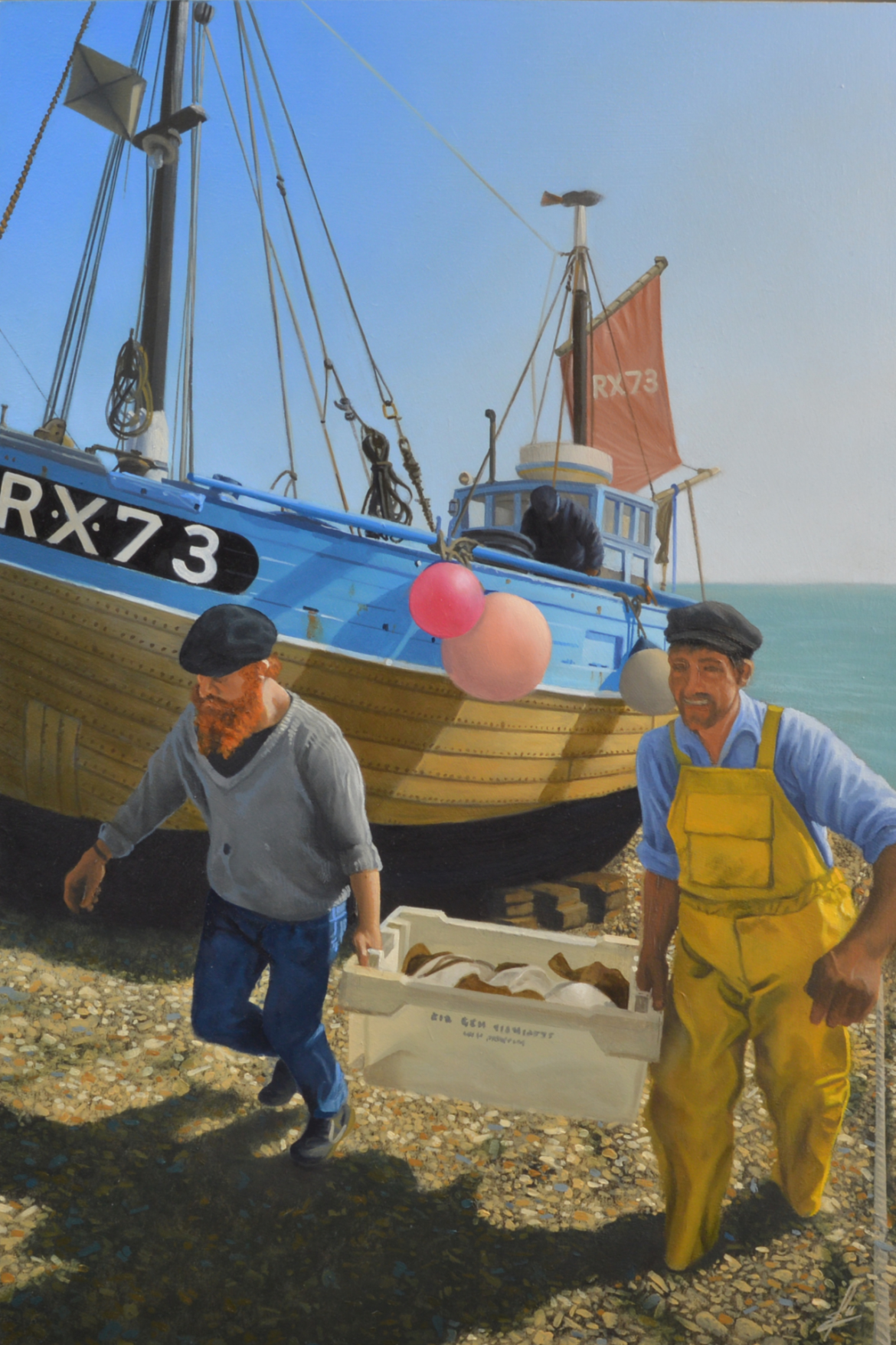 An oil painting by artist Ja Edwards of the fishermen carrying the catch up the beach