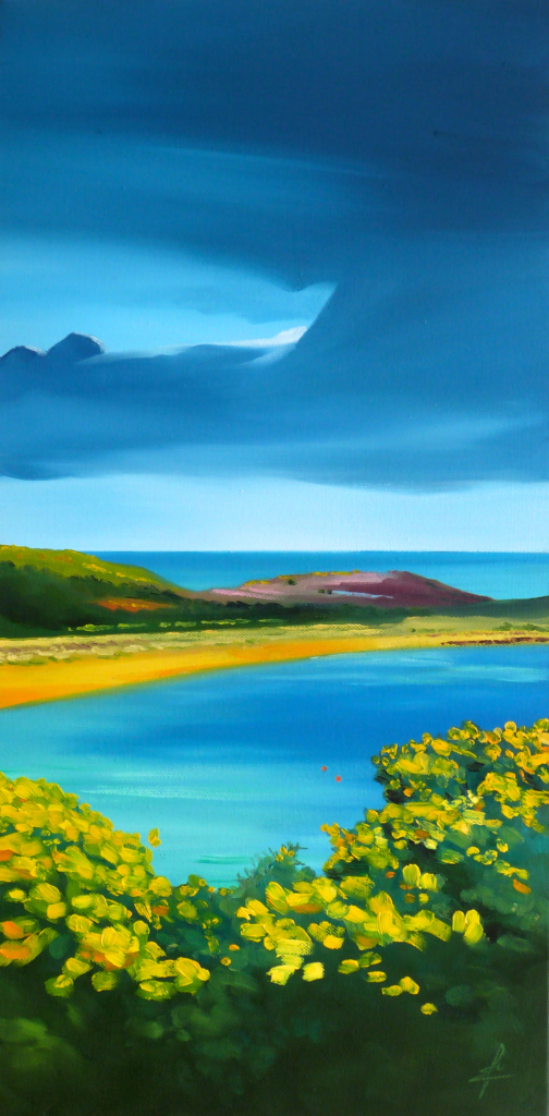 An oil painting by artist Ja Edwards of the gorse on St Martins