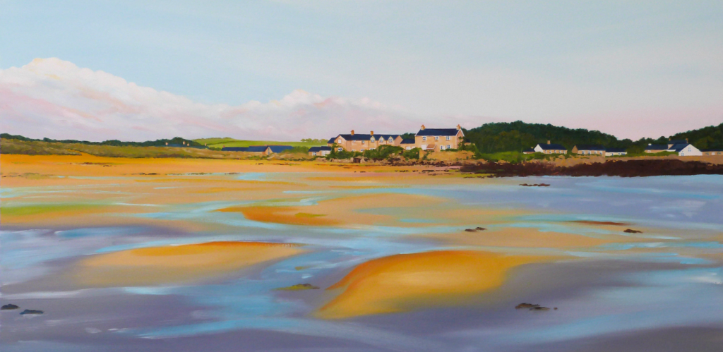 An oil painting by artist Ja Edwards of the beach at low tide