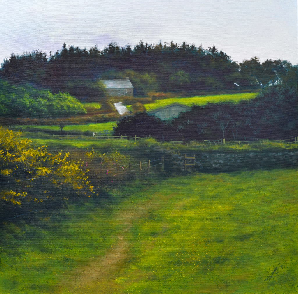 An oil painting by artist Ja Edwards of Smugglers Cottage nestled in the tree line