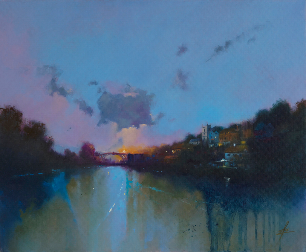 An oil painting by artist Ja Edwards of the sun setting over the Iron Bridge in the Ironbridge World Heritage Site