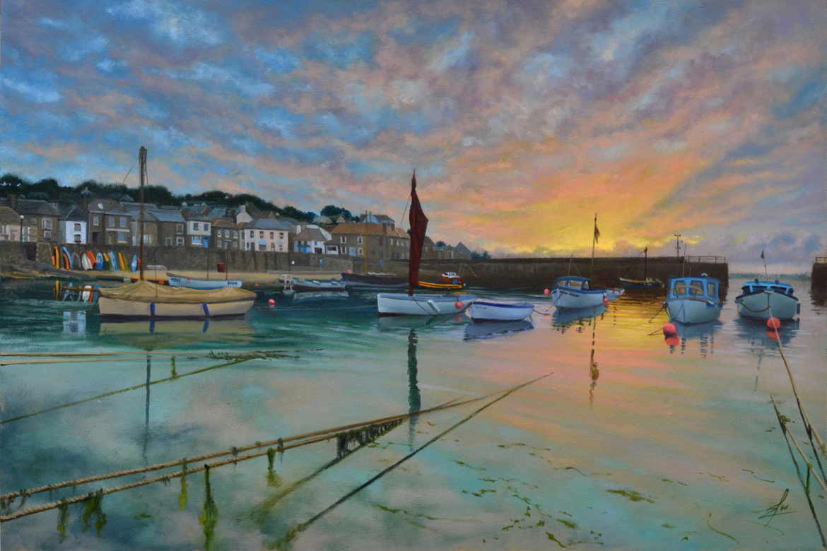 An oil painting by artist Ja Edwards of the sun rising over Mousehole harbour