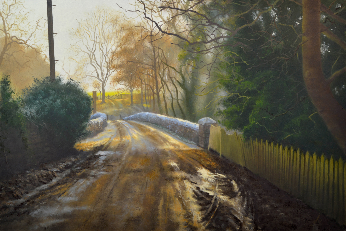 An oil painting by artist Ja Edwards of the frost on the muddy lane and bridge at Bromfield