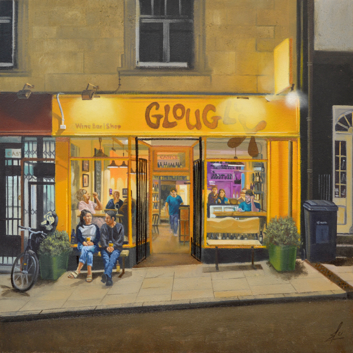 An oil painting by artist Ja Edwards of the wine bar, GlouGlou, Shrewsbury