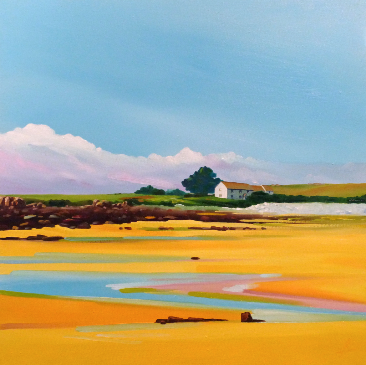 An oil painting by artist Ja Edwards of the beach at low tide