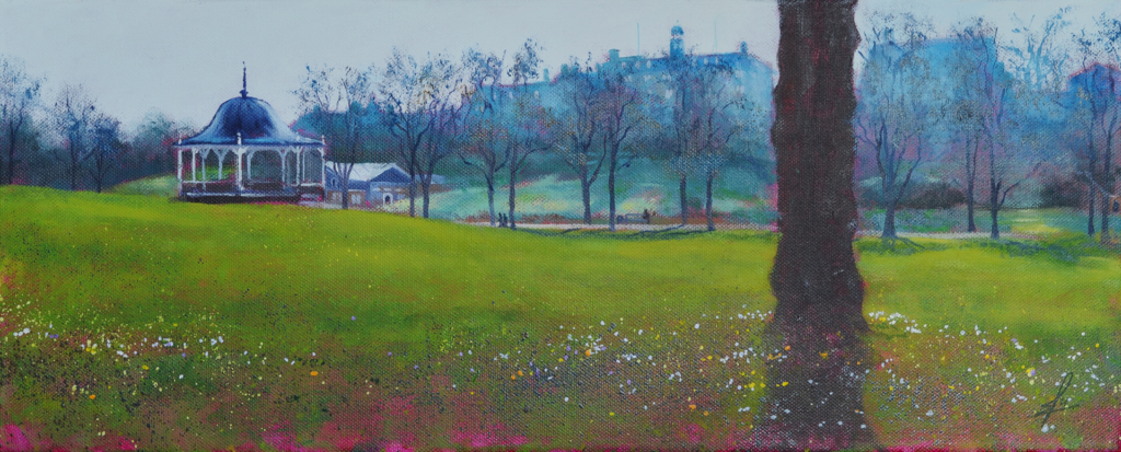 An oil painting by artist Ja Edwards of the bandstand in the Quarry