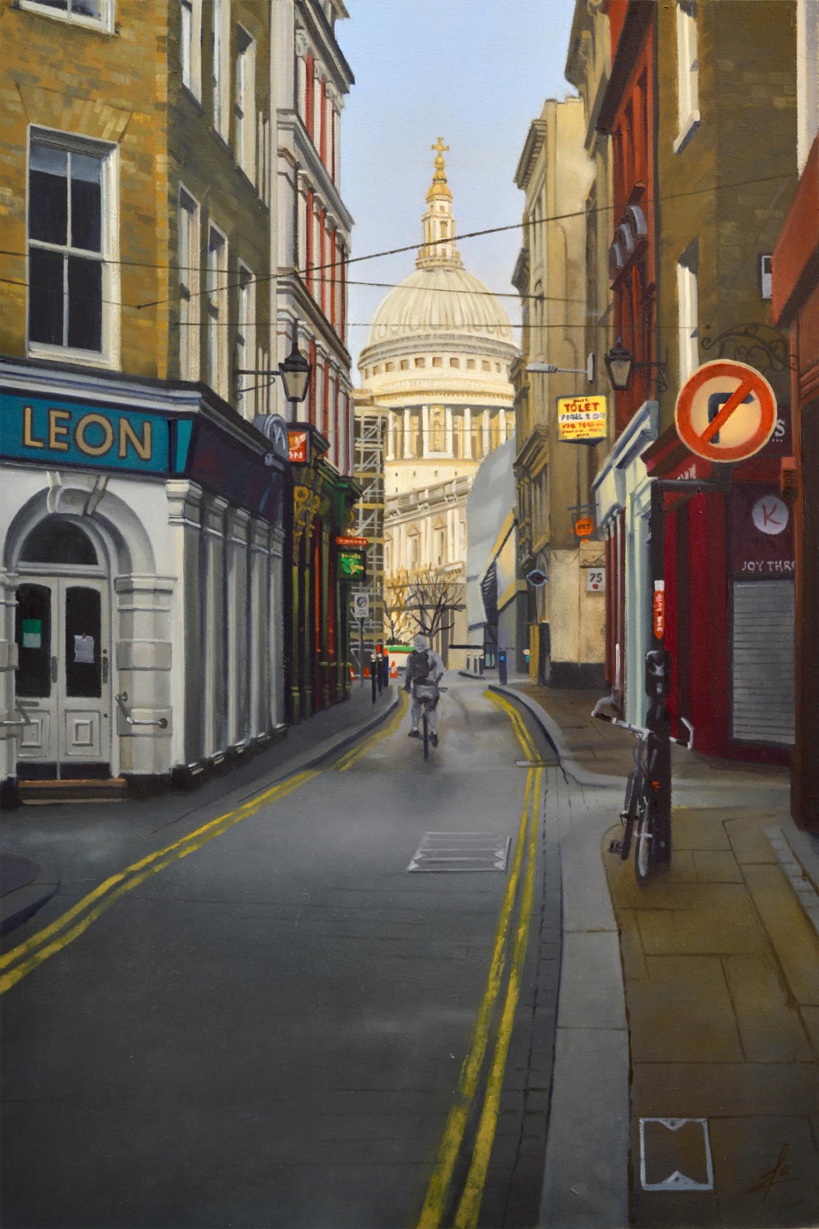 An oil painting by artist Ja Edwards of a London side street with a glimpse of St Paul's Cathedral