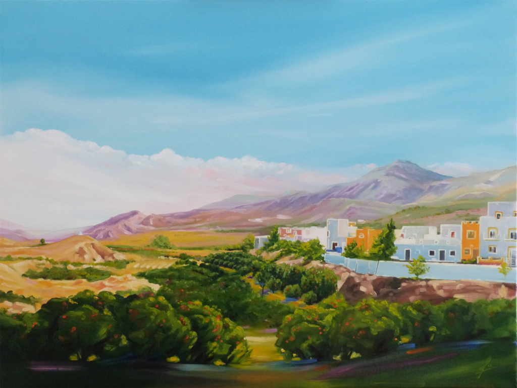 An oil painting by artist Ja Edwards of the Spanish countryside
