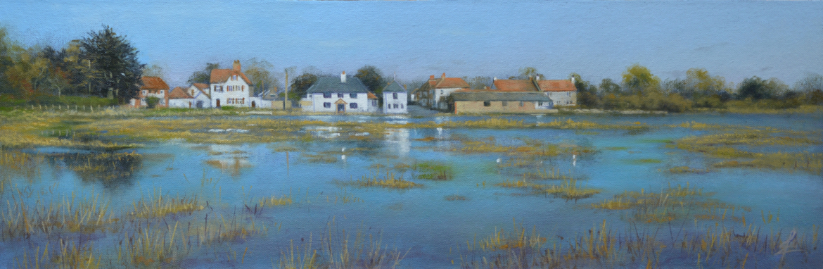An oil painting by artist Ja Edwards viewed across the salt marsh towards Sidlesham Quay