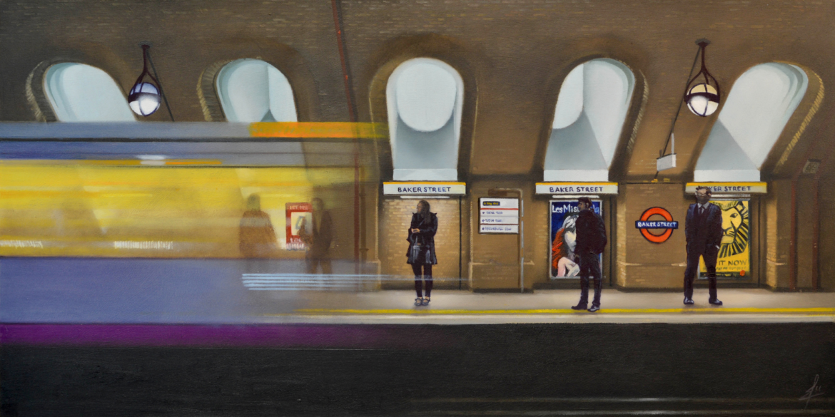An oil painting by artist Ja Edwards of the platform and a leaving train