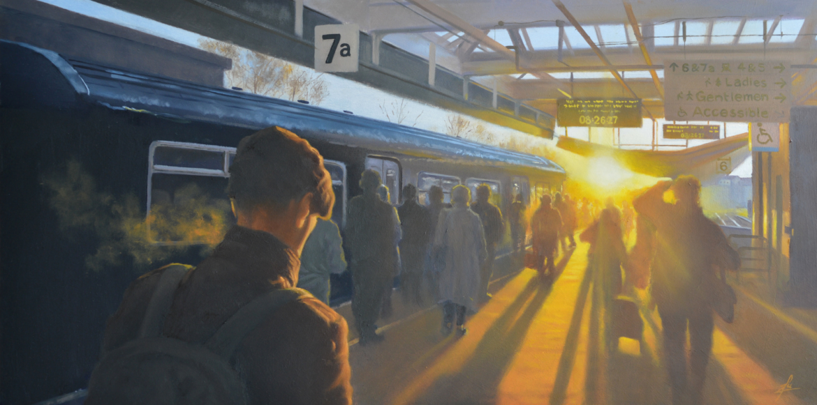 An oil painting by artist Ja Edwards of commuters on the platform looking towards the low winter's sun