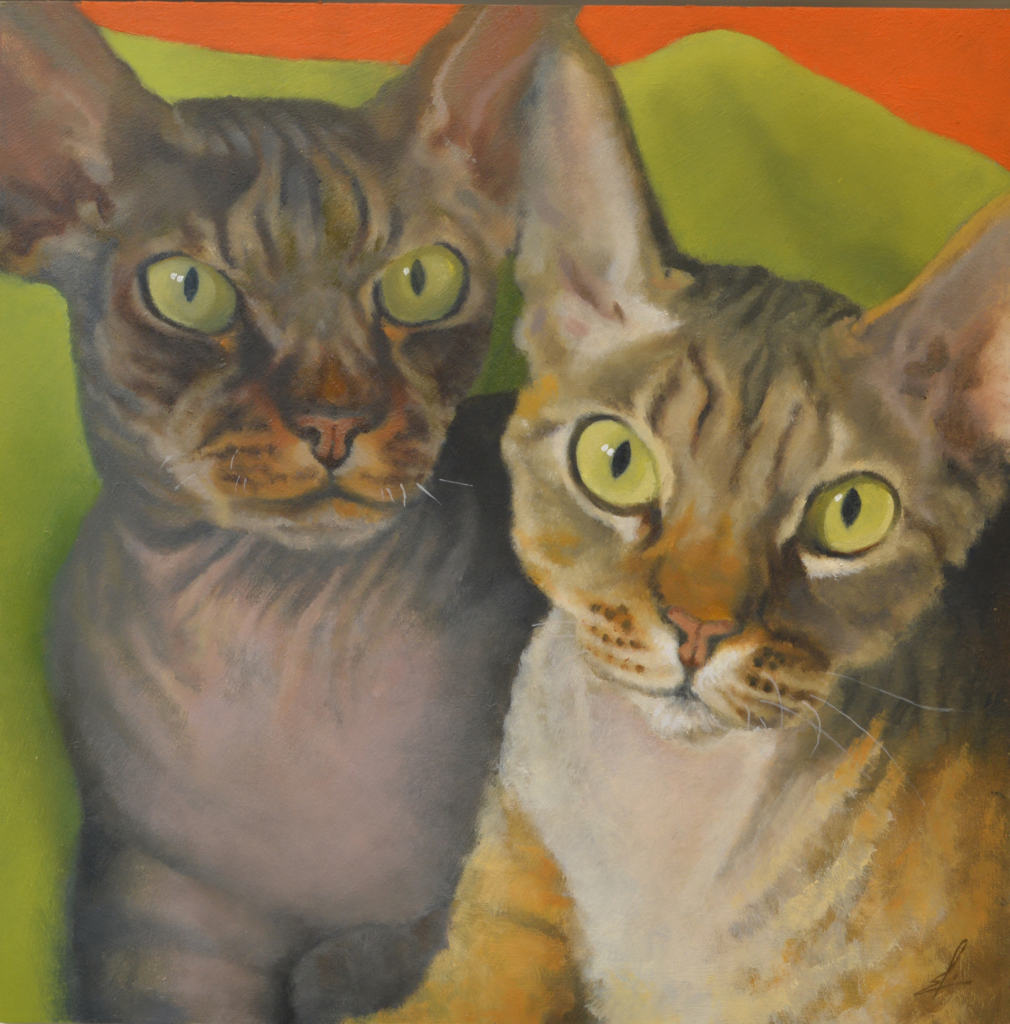 An oil painting by artist Ja Edwards of two Devon Rex cats