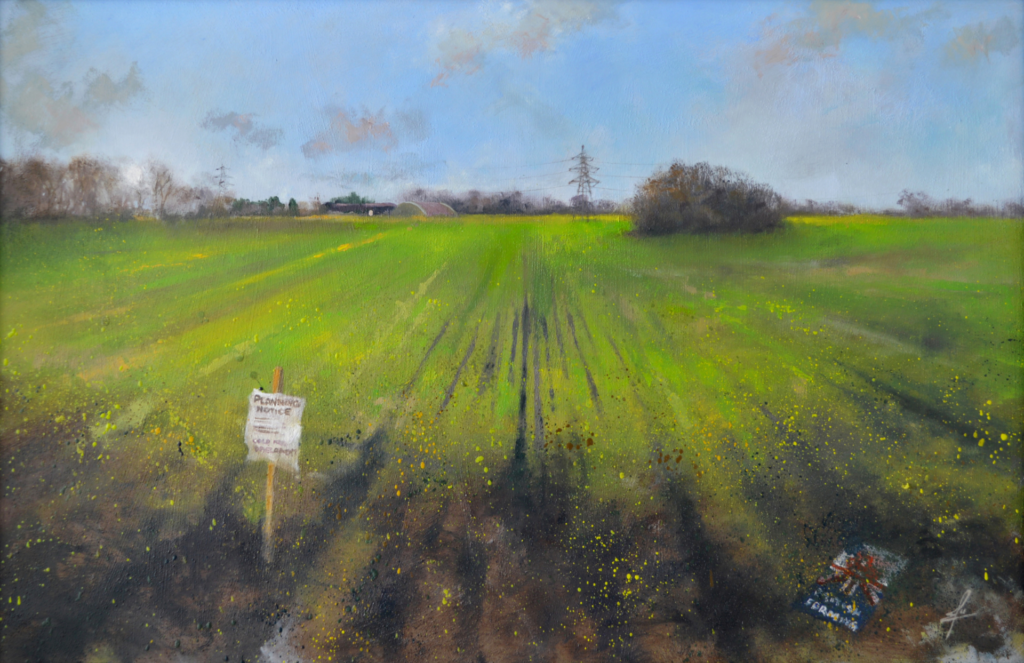 An oil painting by artist Ja Edwards of a farm, whose land is for sale for development, Shropshire