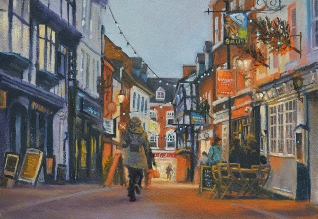 An oil painting by artist Ja Edwards of a Butcher Row, Shrewsbury