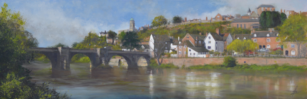An oil painting by artist Ja Edwards of the bridge across the River Severn at Bridgnorth