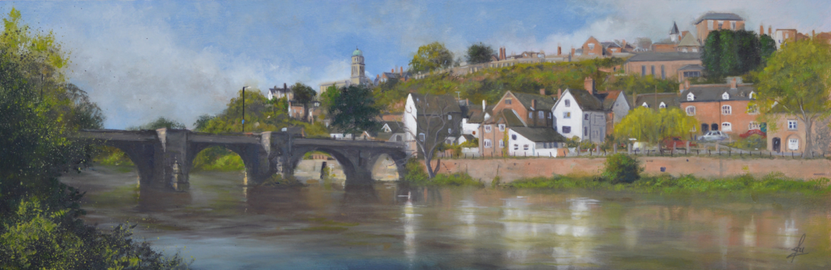 An oil painting by artist Ja Edwards of the bridge across the River Severn at Bridgnorth