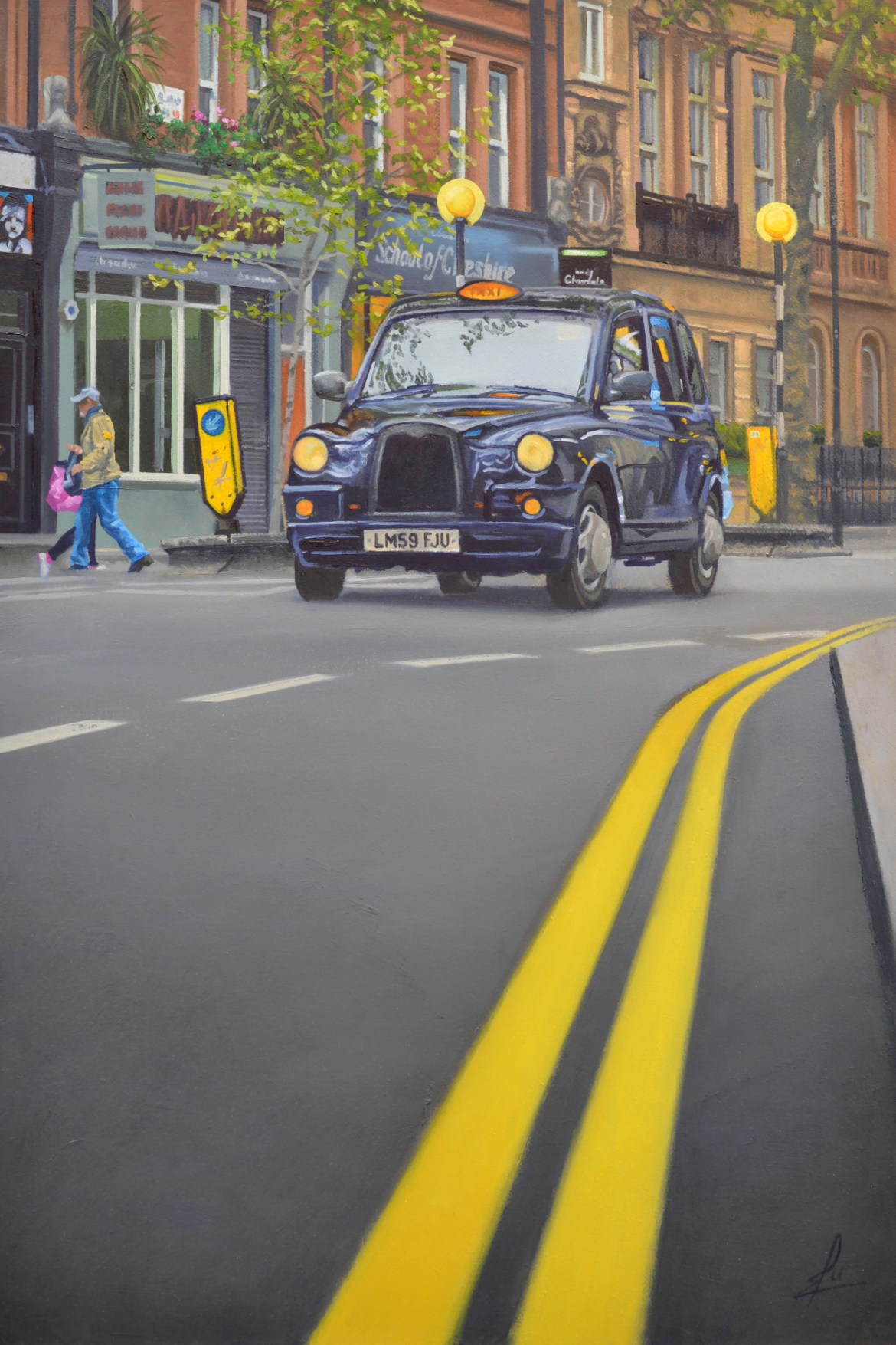 An oil painting by artist Ja Edwards of a black cab