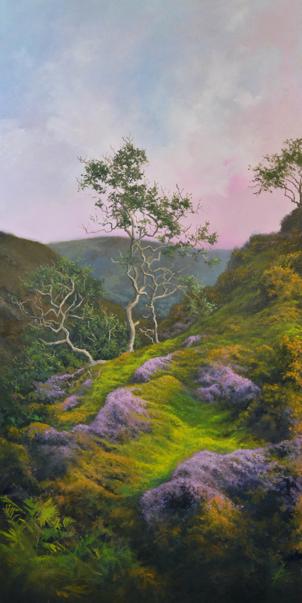 An oil painting by artist Ja Edwards of Ash trees surrounded by heather