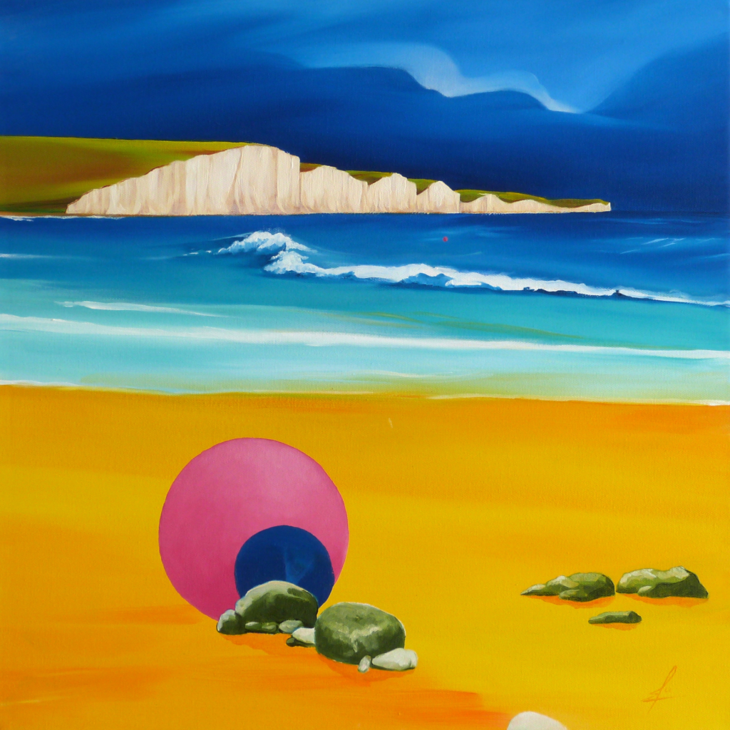 An oil painting by artist Ja Edwards of a beach looking towards the Severn Sisters