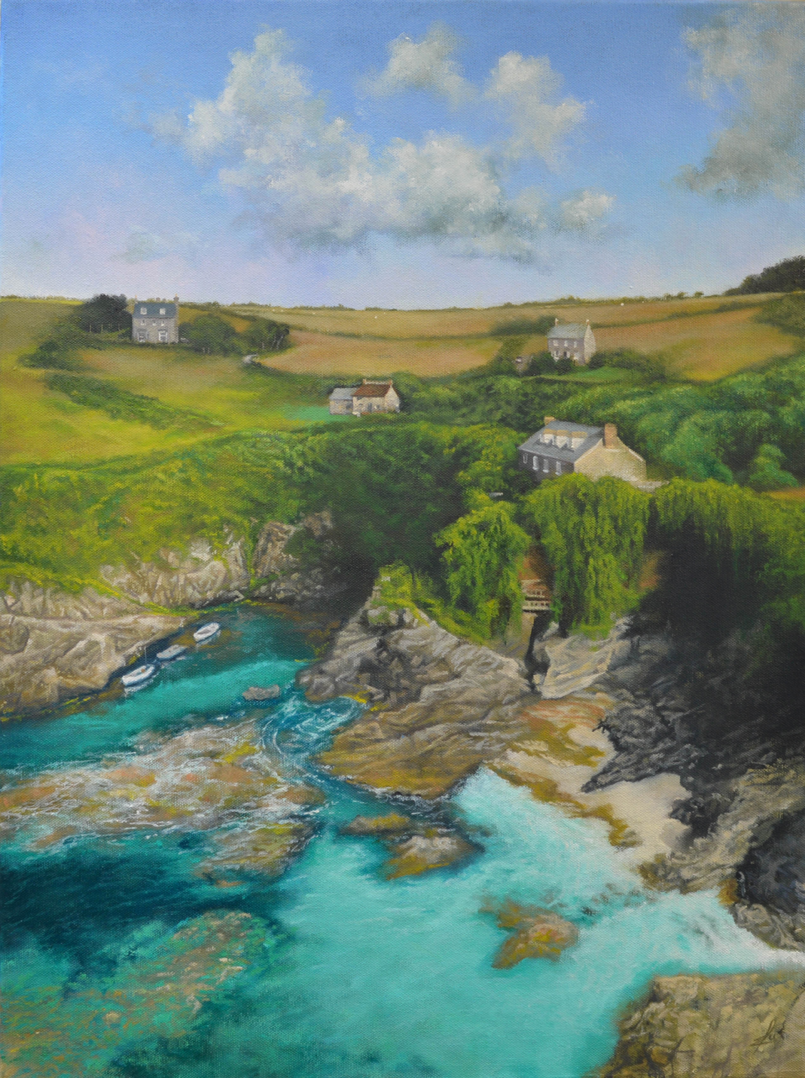 An oil painting by artist Ja Edwards of cottages above a cove