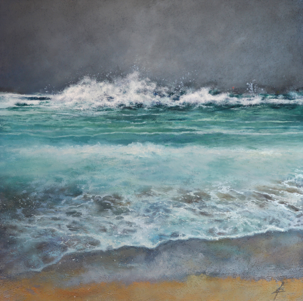 An oil painting by artist Ja Edwards of crashing waves
