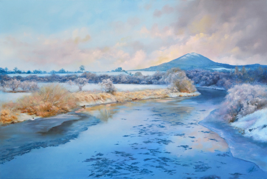 An oil painting by artist Ja Edwards of the River Severn below the Wrekin