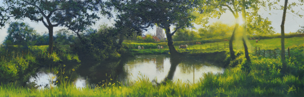 An oil painting by artist Ja Edwards of a pond by grazing land