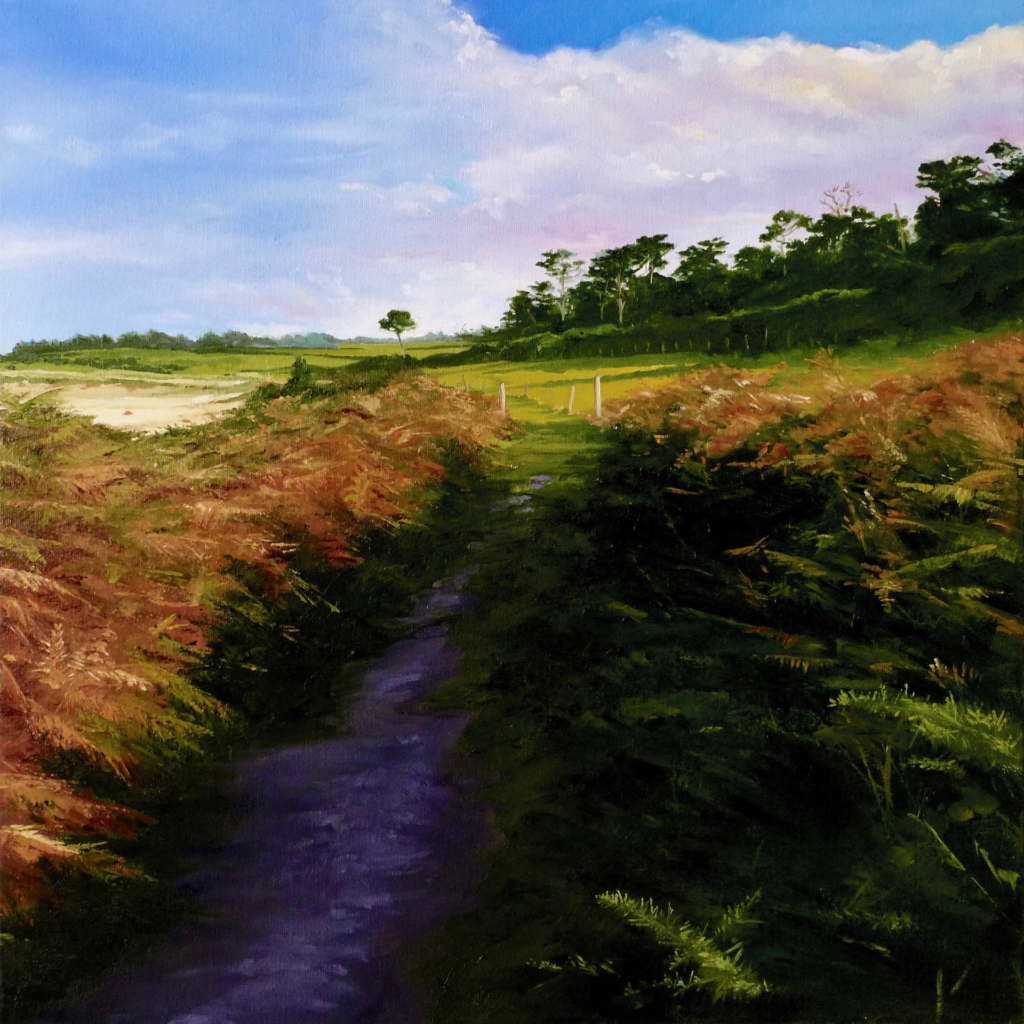 An oil painting by artist Ja Edwards of a trail through the gorse and bracken